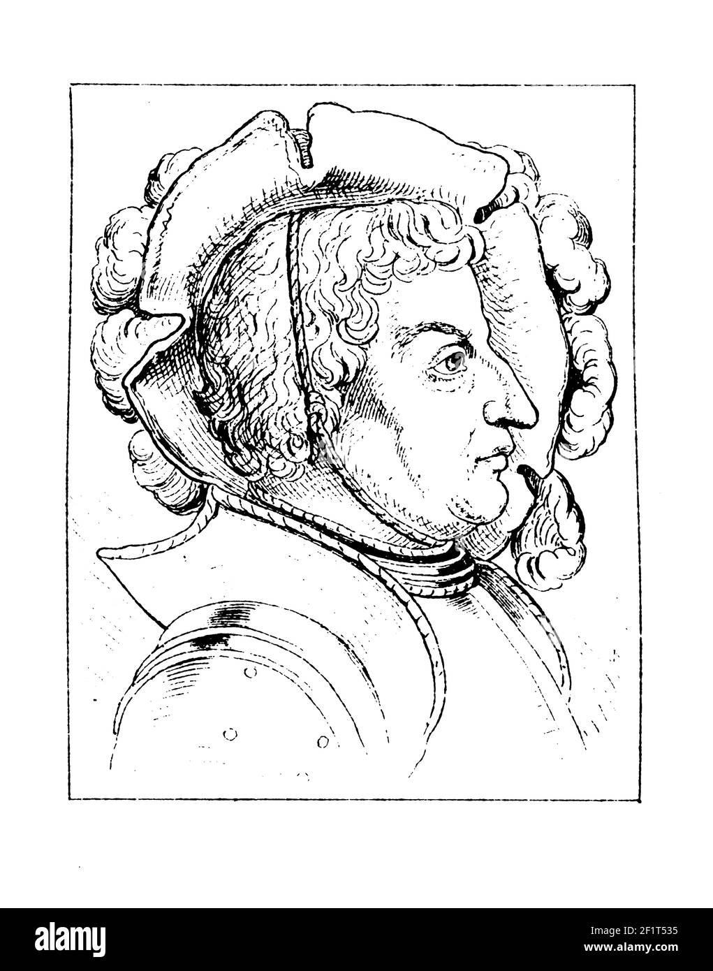 Antike Gravur eines Portraits von Franz von Sickingen, deutscher Ritter. Er wurde am 2. März 1481 in Bad Münster am Stein-Ebernburg geboren und stirbt Stockfoto