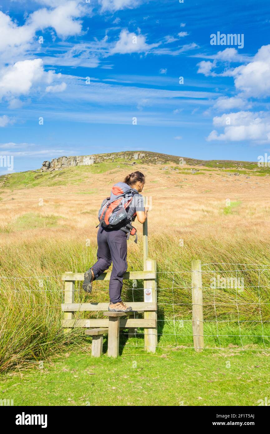 Weibliche Wanderer überqueren den Stiel in der Nähe von Kildale, North yorkshire Moors National Park, England. UK Stockfoto