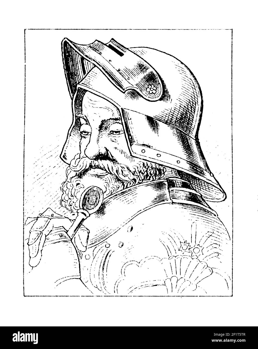 19th-Jahrhundert-Stich eines Portraits von Goz von Berlichingen, deutscher Ritter. Er wurde 1480 geboren und starb am 23. Juli 1562. Abbildung veröffentlicht in Stockfoto