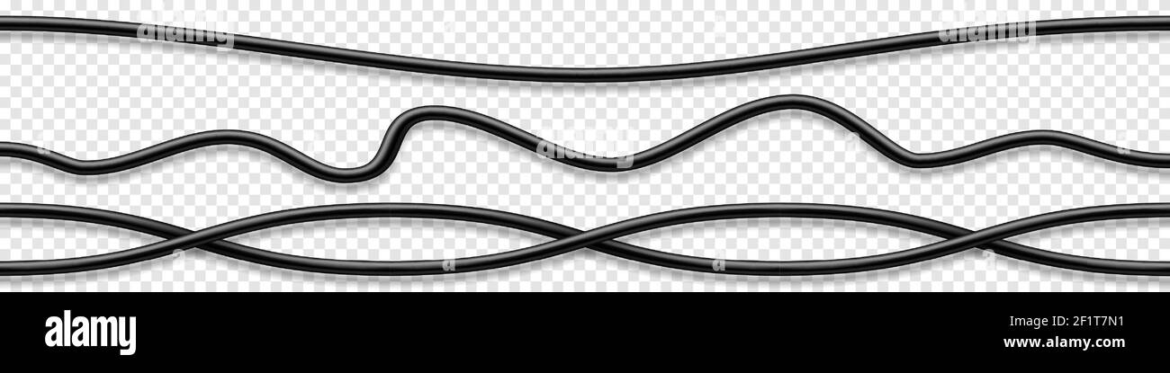 Set aus schwarzen flexiblen Kabeln mit Schatten. Elektrische Leitung. Realistisches Netz- oder Netzwerkkabel. Vektorgrafik. Stock Vektor