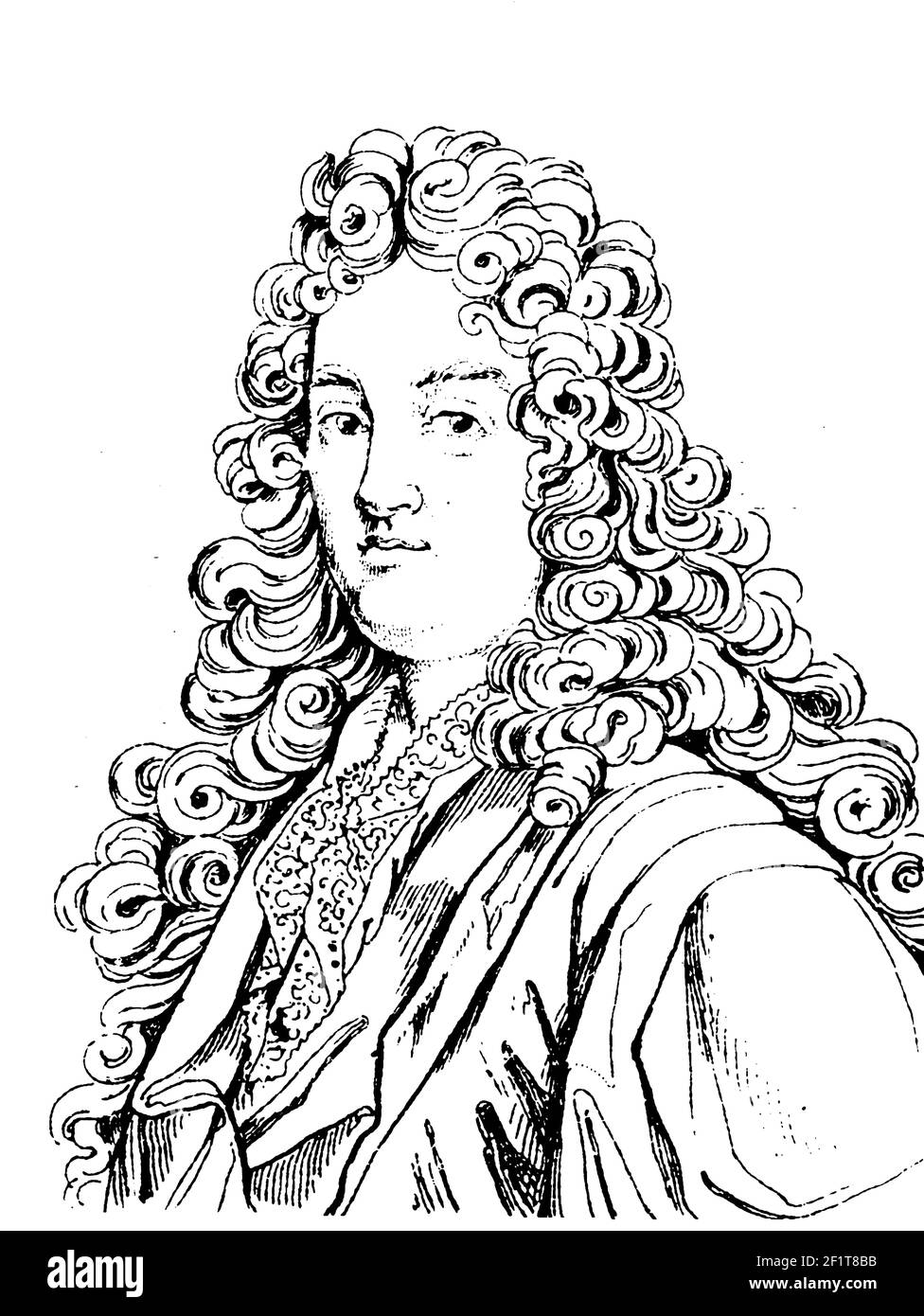 Antiker 19th-Jahrhundert-Stich eines Portraits von Jean Racine, französischer Dramatiker. Racine wurde am 22. Dezember 1639 in La Ferte-Milon, Aisne, Frankreich geboren Stockfoto