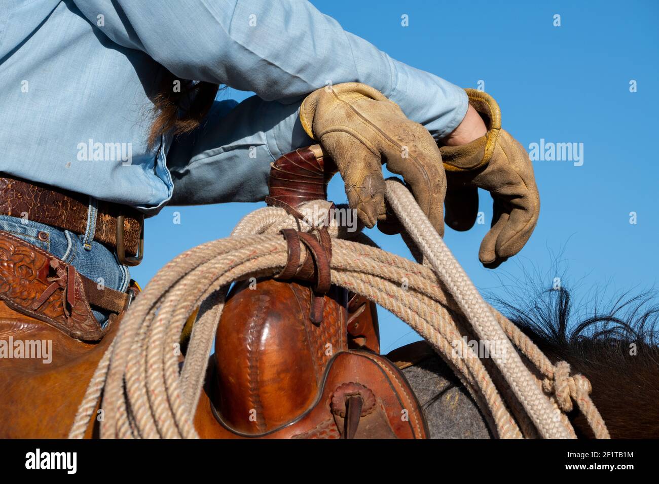 USA, Colorado, Custer County, Westcliffe, Music Meadows Ranch. Detail der weiblichen Ranchhand in typischer westlicher Ranchkleidung. Modell Freigegeben. Stockfoto