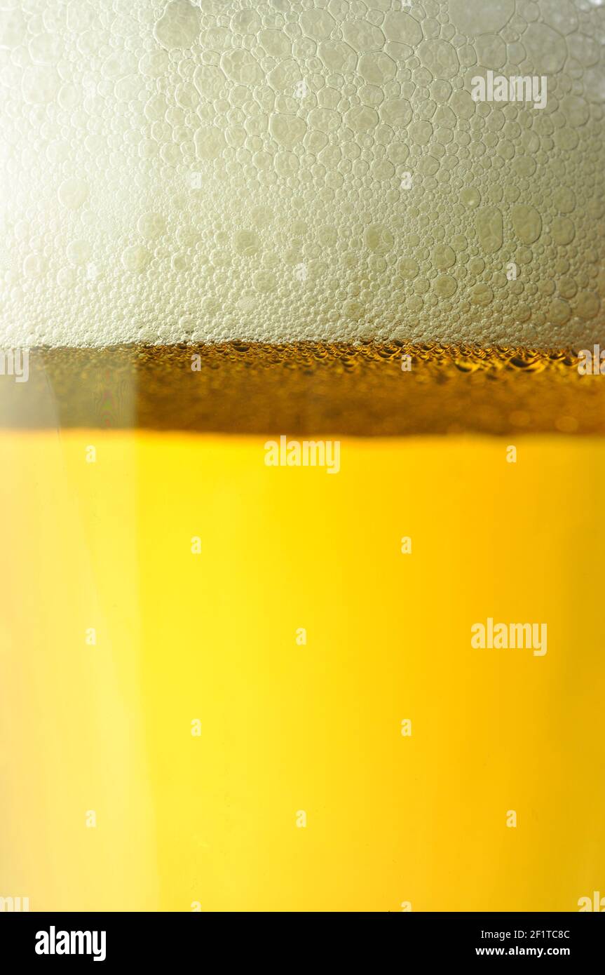 Nahaufnahme Bier mit Schaum. Blick auf ein Glas Bier aus der Nähe. Stockfoto