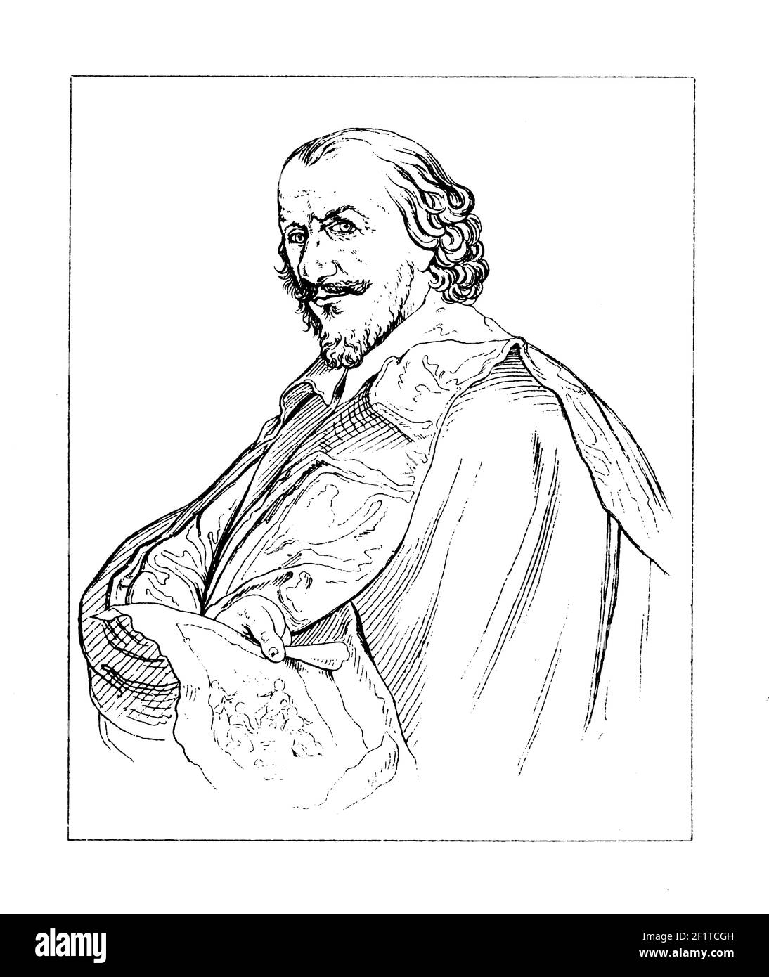 Antike Illustration eines Porträts von Matthäus Merian, Schweizer Kupferstecher. Er wurde am 22. September 1593 in Basel, Schweiz, geboren und starb am 19. Juni 16 Stockfoto