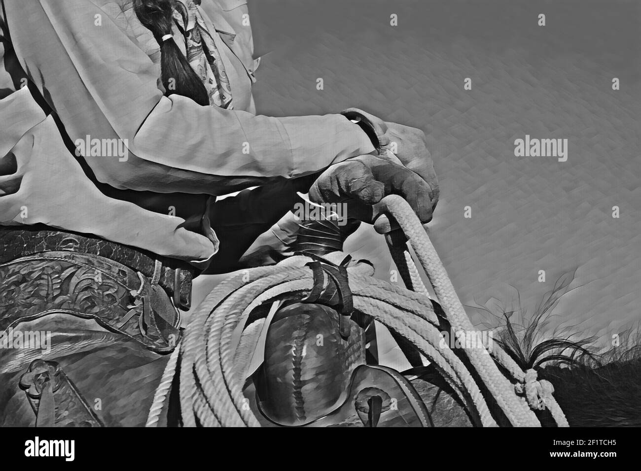 USA, Colorado, Custer County, Westcliffe, Music Meadows Ranch. Detail der weiblichen Ranchhand in typischer westlicher Ranchkleidung. Computer verbessert, digital Stockfoto