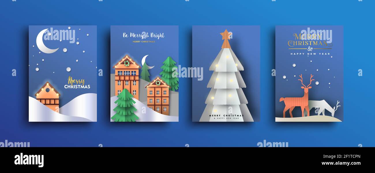 Frohe Weihnachten Grußkarte Set. Winter Weihnachtslandschaft mit Dorfhaus, Rentier und Kiefer im 3D Papercut Handwerk Stil für Event Einladung oder Stock Vektor