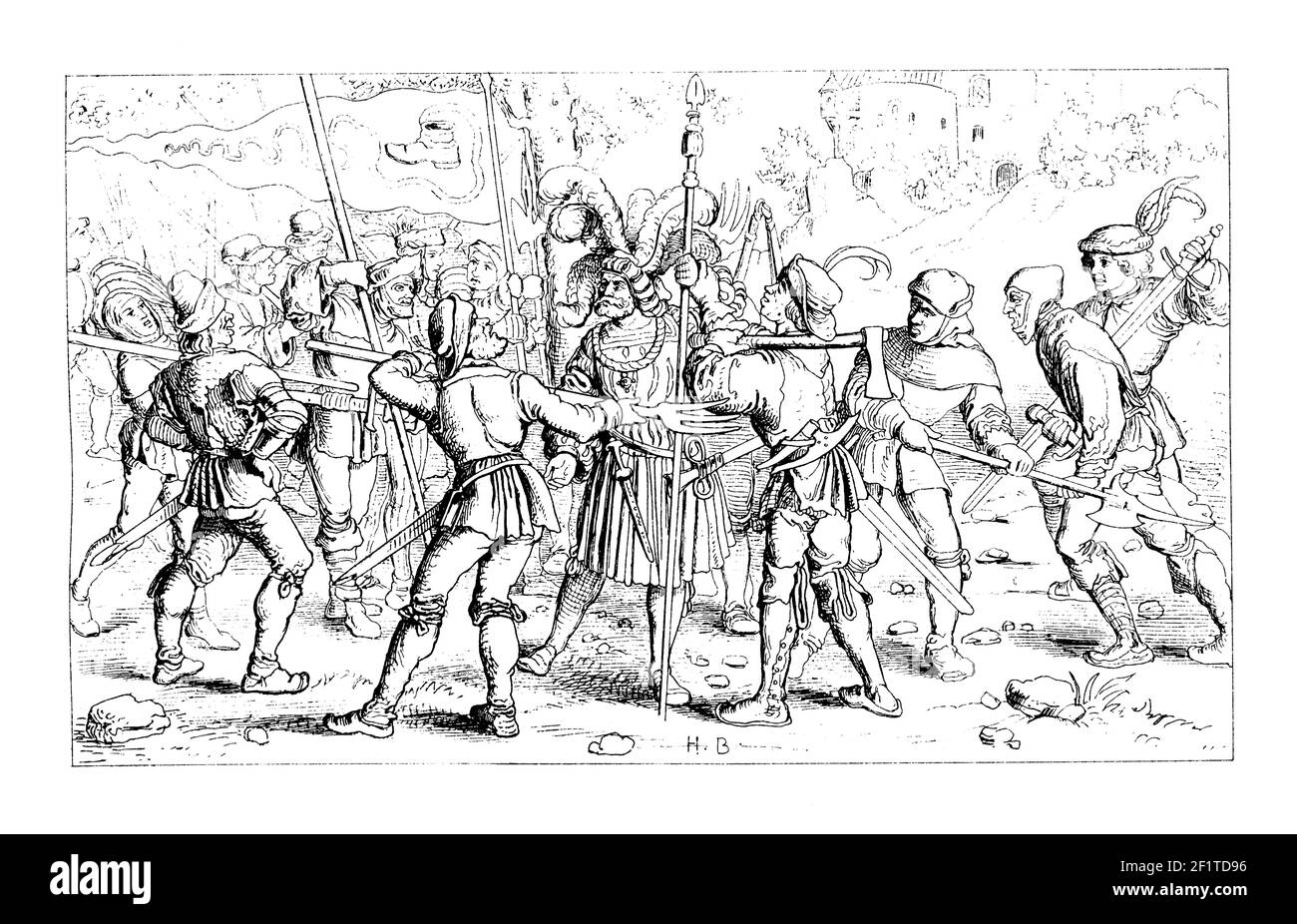 Antike Illustration von H. Burkgmairs Gemälde von Adligen, die die rebellierenden Bauern angreifen. Veröffentlicht in Bilder-Atlas zur Weltgeschichte nach Kunst Stockfoto
