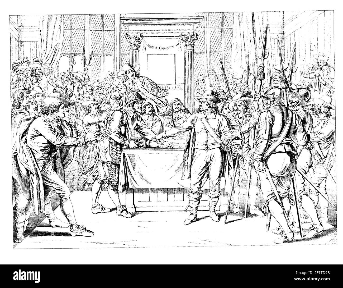 Antike Gravur der Entlassung des langen Parlaments während der Regierung von Oliver Cromwell. Illustration erschienen im Bilder-Atlas zur Weltgeschick Stockfoto