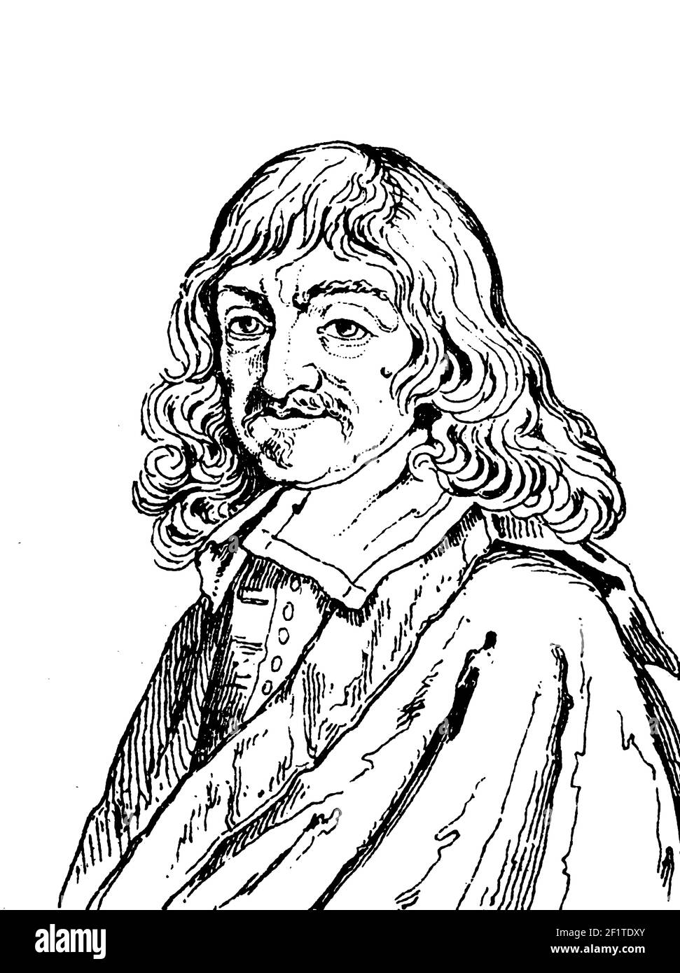 Antike Gravur aus dem 19th. Jahrhundert eines Porträts von Rene Descartes, französischer Philosoph, Mathematiker, Wissenschaftler und Schriftsteller. Ihm wird der "Vater" zugeschrieben Stockfoto
