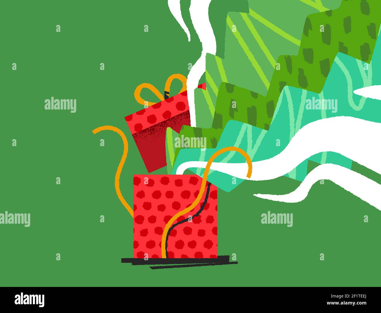 Frohe Weihnachten Geschenkbox Illustration in modernen flachen Hand gezeichnet Cartoon-Stil. Open Weihnachten Urlaub Geschenk mit bunten abstrakten Kunst Feier explis Stock Vektor