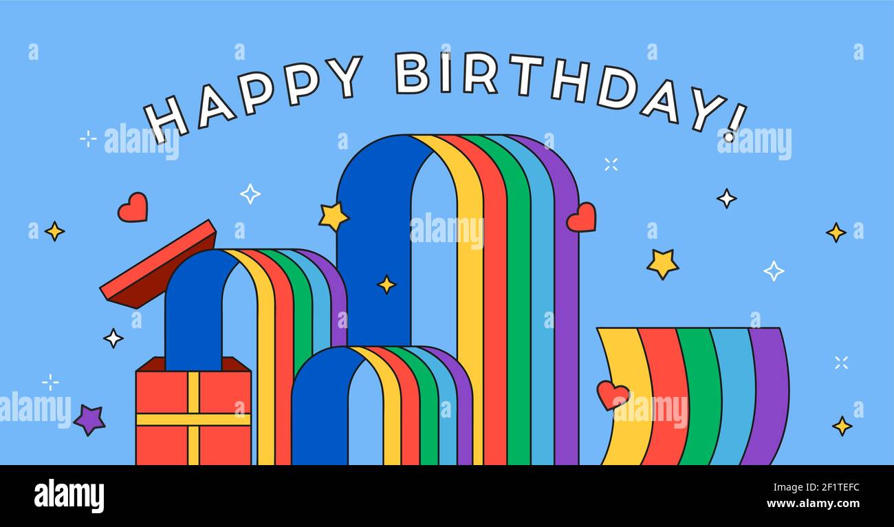 Alles gute zum Geburtstag Grußkarte Illustration für Geburtstagsparty oder Jahrestag Gratulation. Moderne flache Cartoon Geschenkbox mit bunten Regenbogen Welle ein Stock Vektor