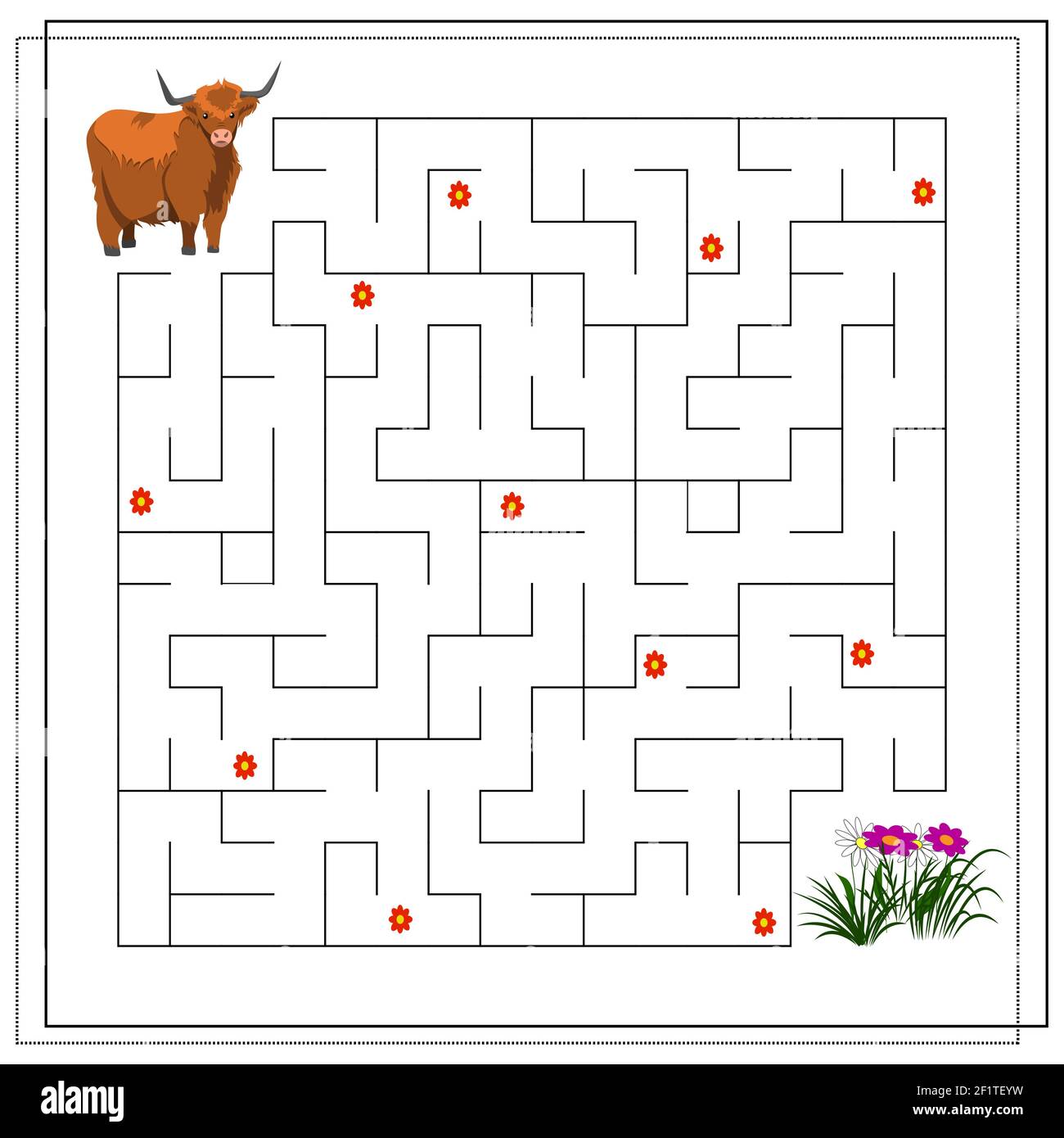 Ein Labyrinth Puzzle-Spiel für Kinder. Hilf mir, durch das Labyrinth zu kommen. Yak, Blumen. Vektorgrafik isoliert auf weißem Hintergrund Stock Vektor