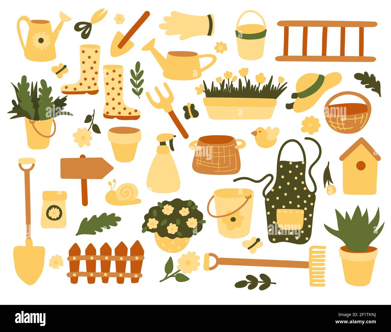 Gärtner Ausrüstung Satz von Objekten für Gartenarbeit und Landwirtschaft isolierte Vektor-Illustrationen in Flat Hand gezeichnet Stil benötigt. Sammlung Von Gartenwerkzeugen Stock Vektor