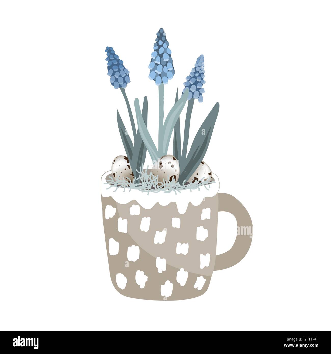 Niedlicher Becher mit blauer Traubenhyazinthe, Wachteleiern und Moos. Hello Frühling Karte Vektor-Illustration, Ostern Karte, Dekor im skandinavischen Stil. Blumentopf Stock Vektor