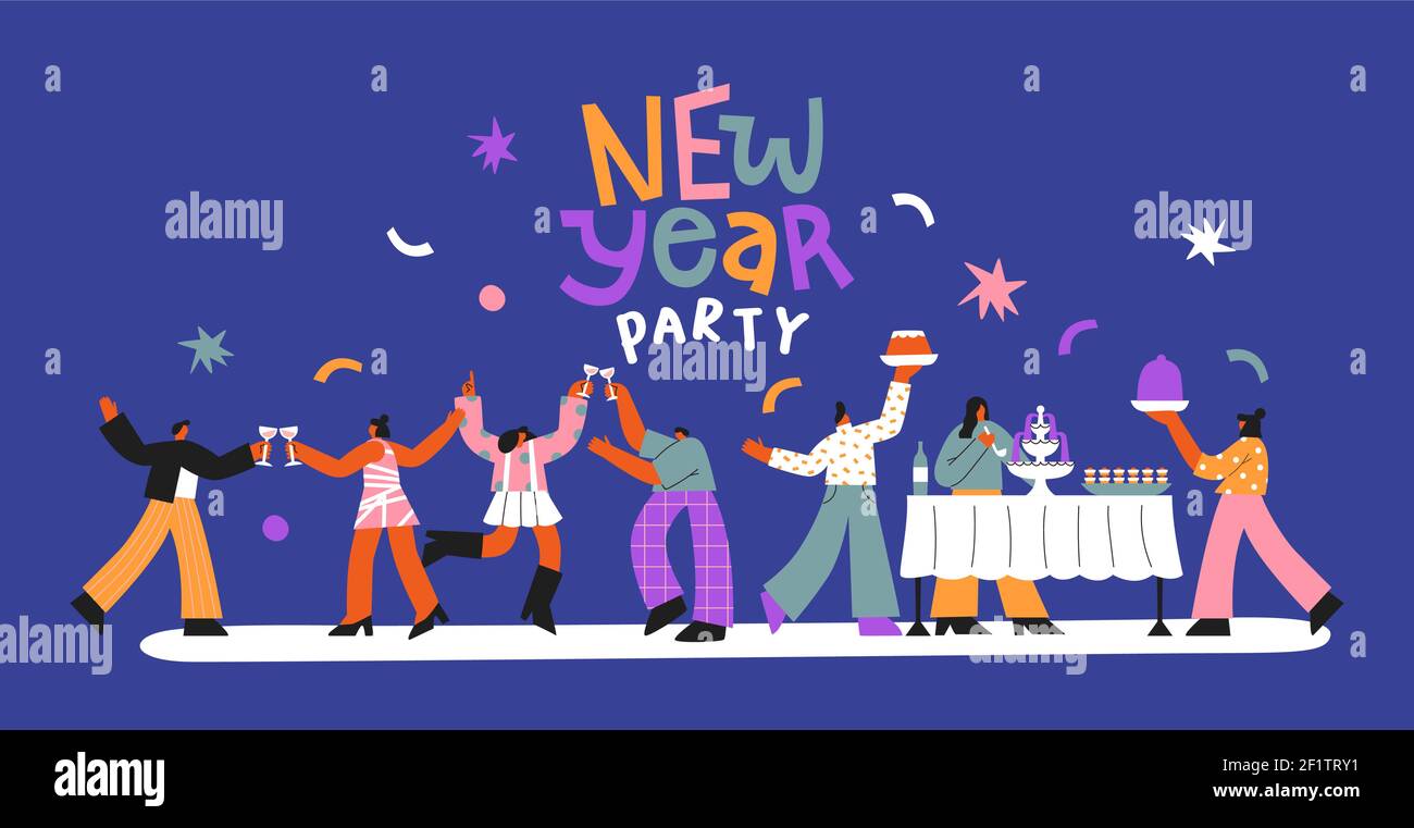 Frohes neues Jahr 2021 Webbanner Illustration. Verschiedene Menschen tanzen und machen Spaß Party-Aktivität. Große Freund Gruppe zusammen, Wohnung Cartoon Urlaub Cele Stock Vektor