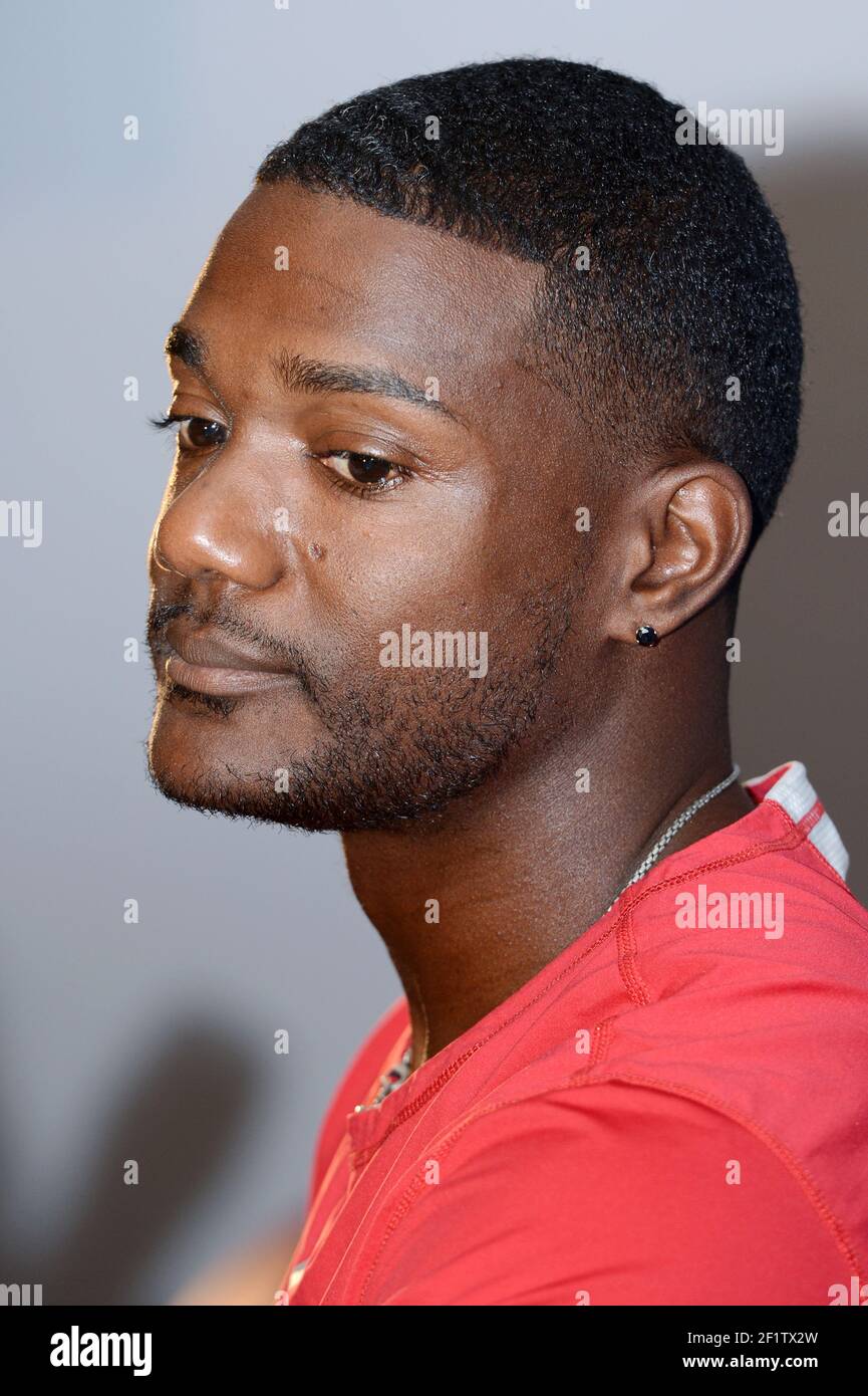 LEICHTATHLETIK - TREFFEN AREVA 2012 - PRESSESTELLEN - HOTEL MERCURE / TOUR EIFFEL / PARIS (FRA) - 05/07/2012 - FOTO PHILIPPE MILLEREAU / KMSP / DPPI - JUSTIN GATLIN Stockfoto