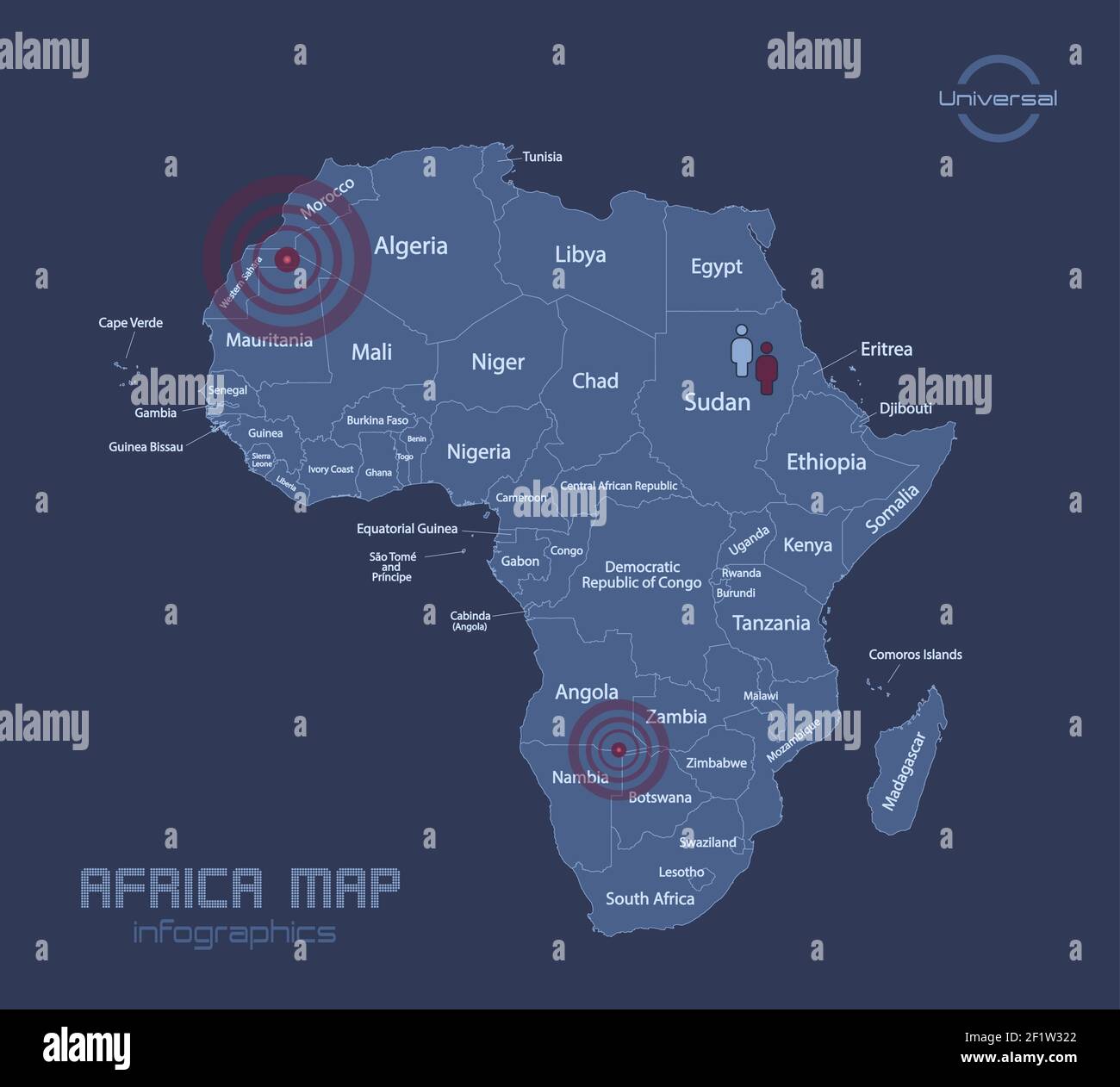 Afrika-Karte, mit Namen der einzelnen Staaten, Infografiken blau flach Design-Vektor Stock Vektor