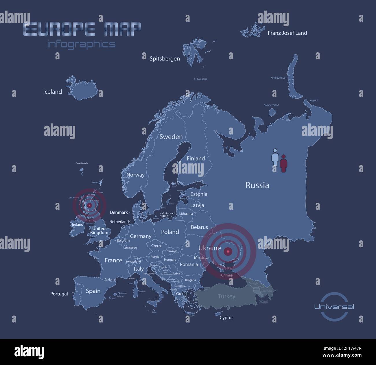 Europa-Karte, mit Namen der einzelnen Staaten, Infografiken blau flach Design-Vektor Stock Vektor