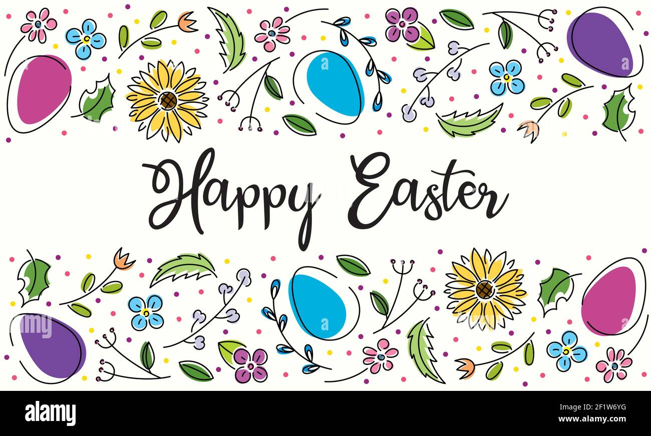 Helle Frühlingsdarstellung von Eiern und Blumen. Frohe Ostern. Hintergrund mit Text für Papier, Postkarten, Einladungen Stock Vektor