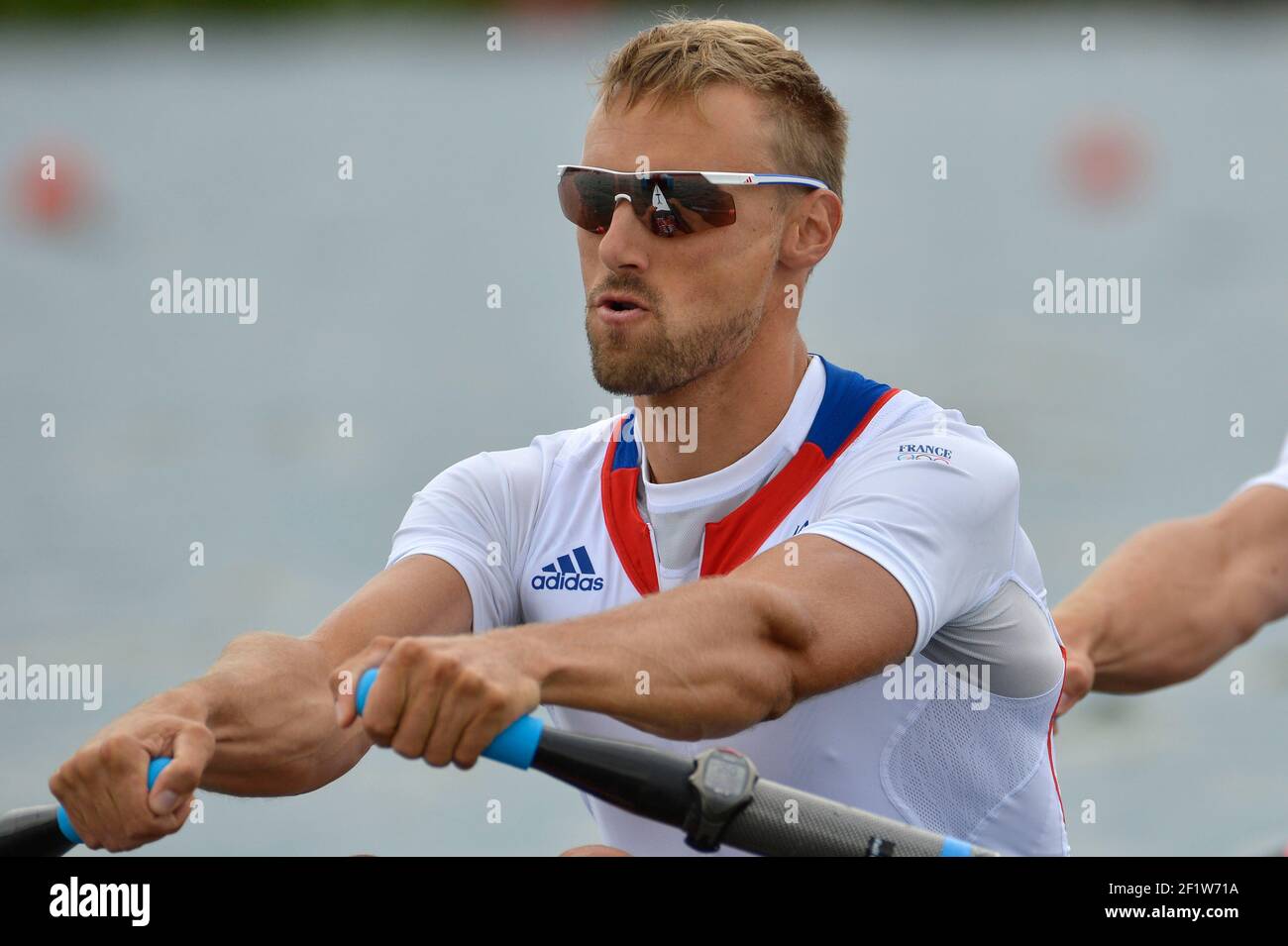 LONDON OLYMPISCHE SPIELE 2012 - ETON DORNEY RUDERZENTRUM , LONDON (DE) - 01/08/2012 - FOTO : POOL / KMSP / DPPIROWING - MEN'S S VIERFACHSCHÄDEL - ADRIEN HARDY (FRA) Stockfoto