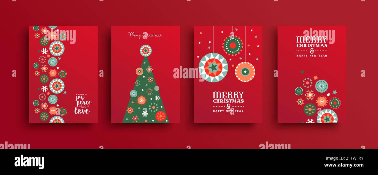 Frohe Weihnachten Grußkarten Kollektion. Abstrakte Mitte des Jahrhunderts Art Stil Ornament Dekoration und Kiefer mit festlichen geometrischen Formen. Urlaubsmeere Stock Vektor