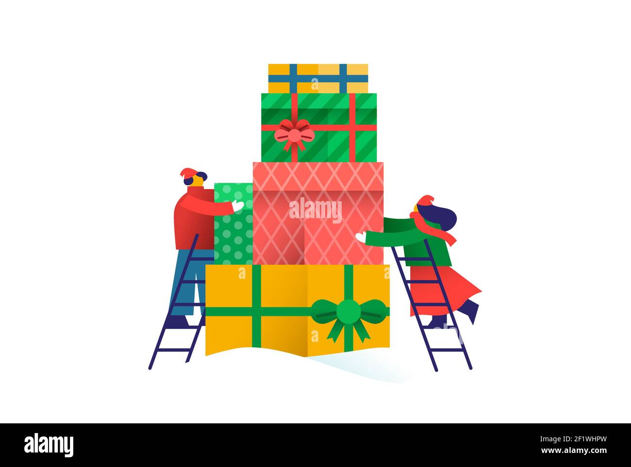 Mann und Frau Freunde organisieren weihnachtsgeschenkboxen. Teamwork-Konzept für die Weihnachtszeit Veranstaltung, Menschen Gruppe arbeiten zusammen in wohltätigen oder helfen org Stock Vektor