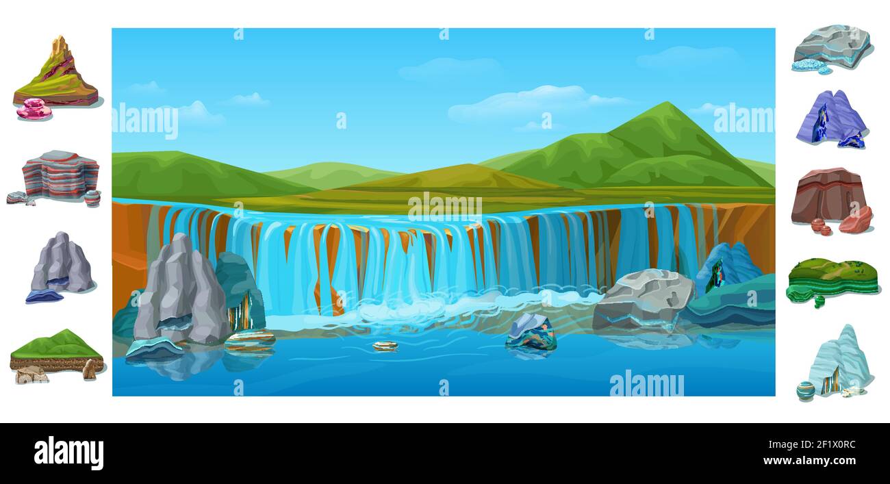 Cartoon bunte schöne Naturlandschaft mit Wasserfall Hügel grüne Berge Verschiedene Steine und Felsen Stock Vektor