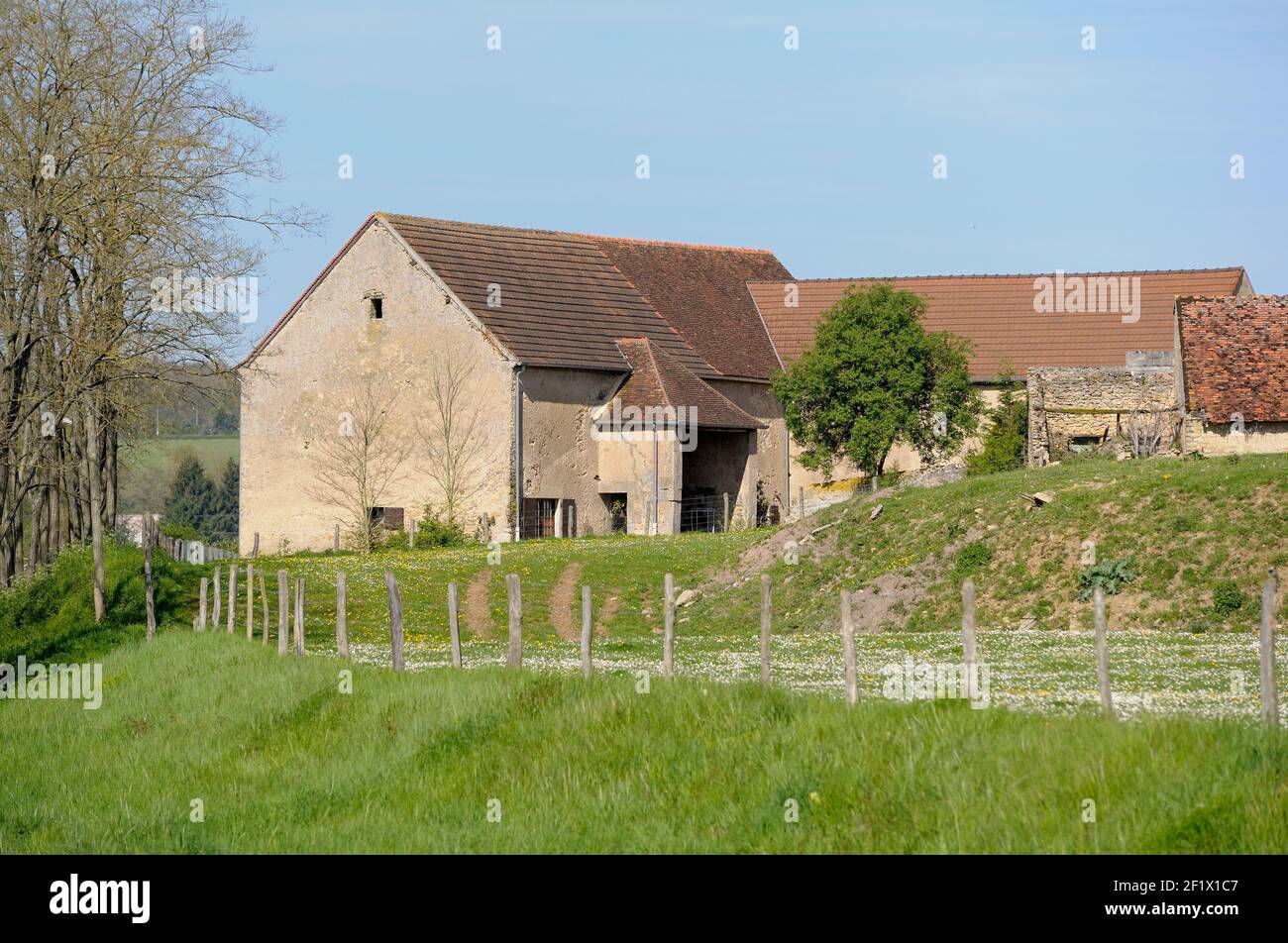 Alte Bauernhäuser, Nivernais Kanal, Burgund, Frankreich Stockfoto