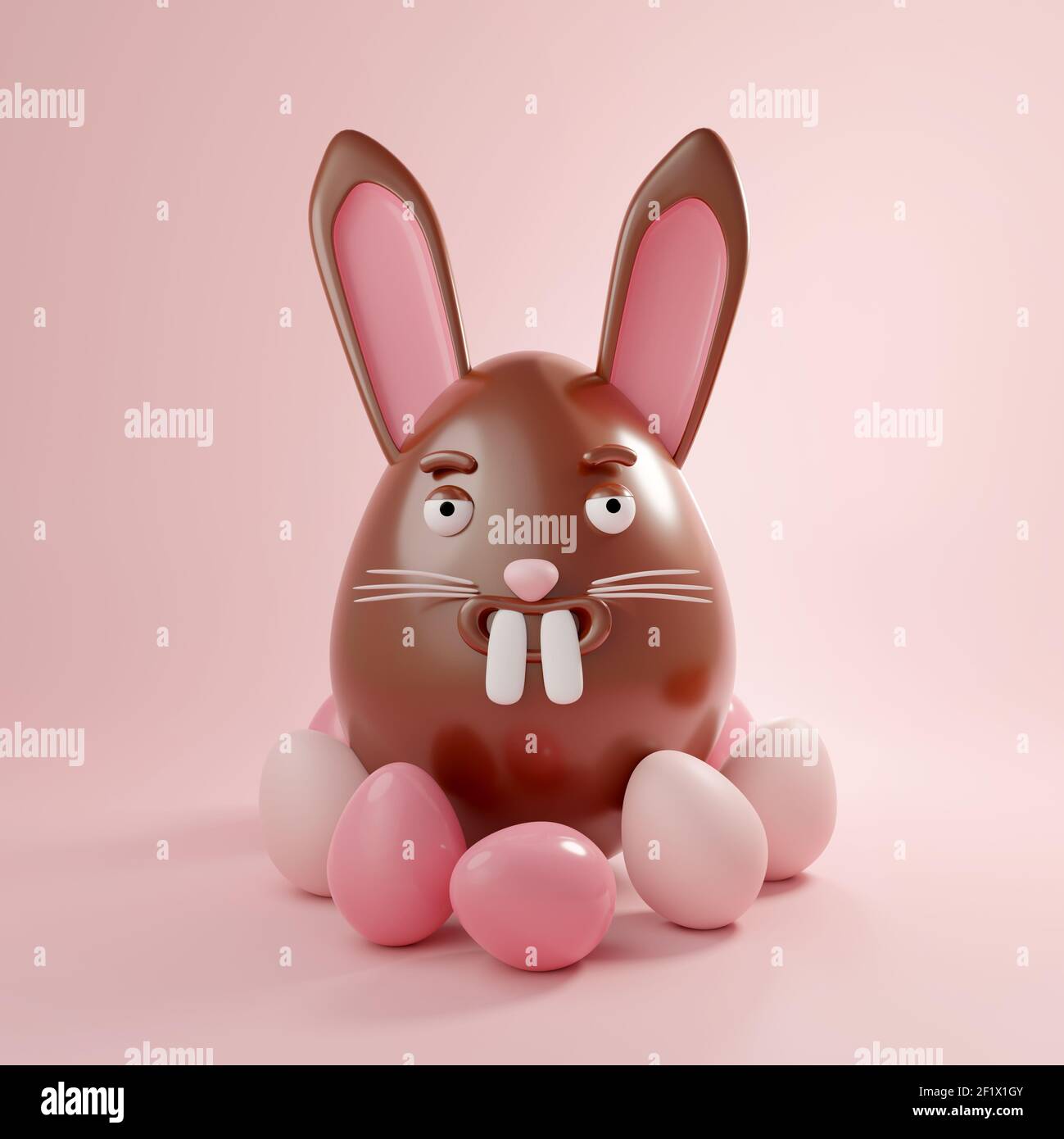 Ein Ostereier aus Schokolade mit Hasencharakter und rosa Eiern. 3D Abbildung. Stockfoto