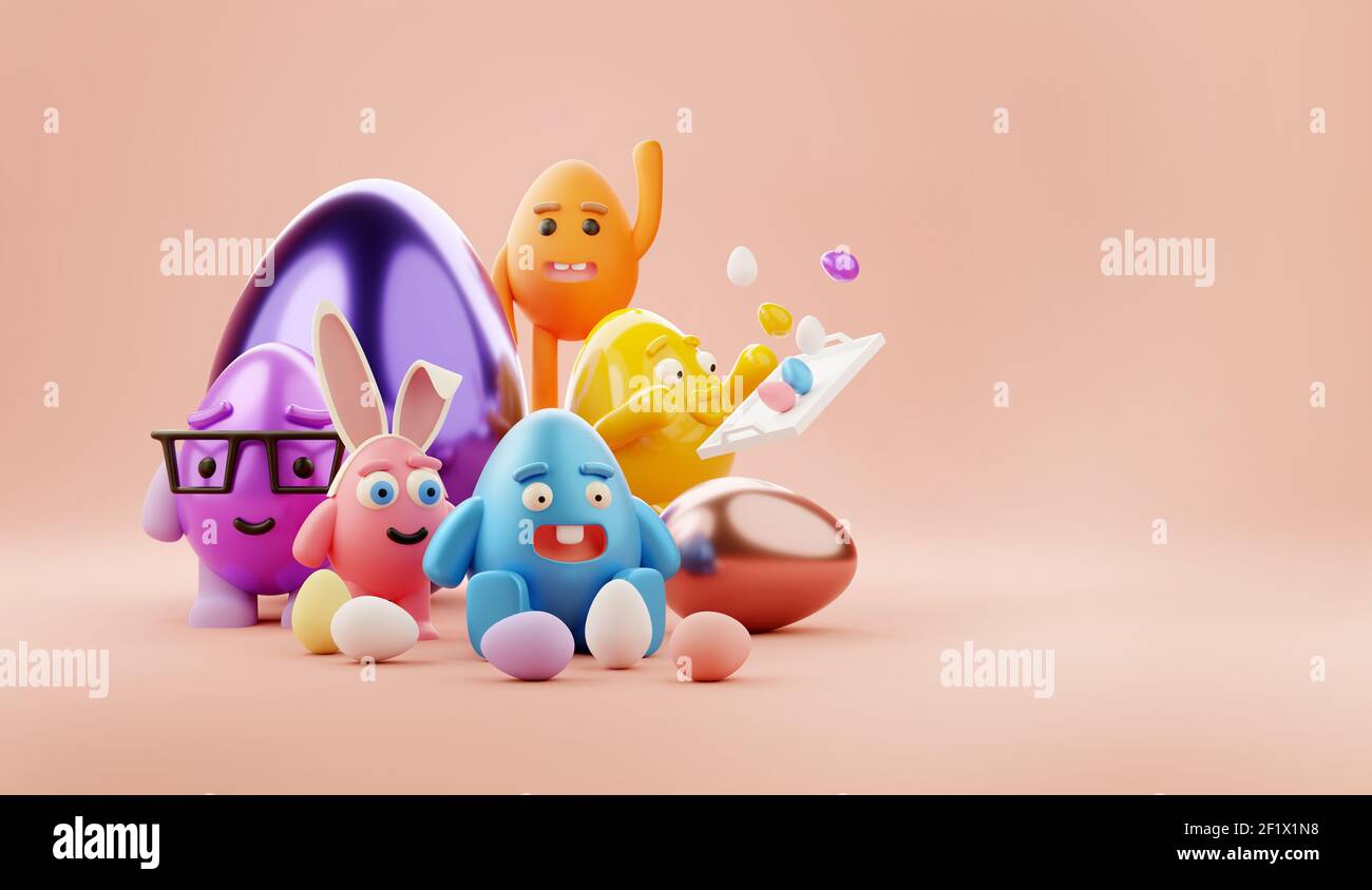 Schokolade Osterei Zeichen lächeln und Spaß haben. Ostern Pause Hintergrund 3D Illustration. Stockfoto