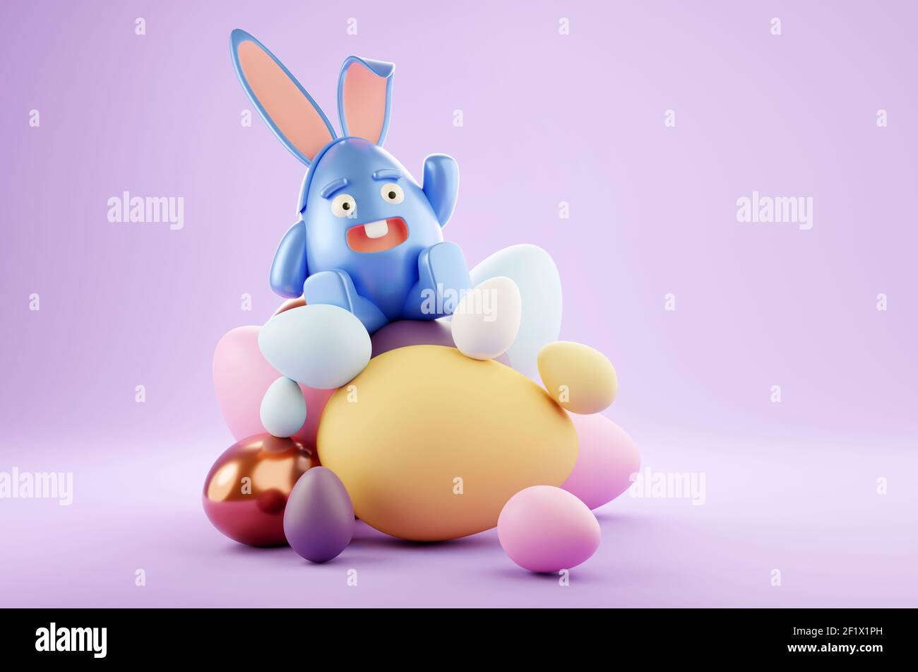 Ein fröhlicher ostereier-Charakter mit Kaninchenohren saß auf einigen Schokoladeneiern. 3D Abbildung. Stockfoto
