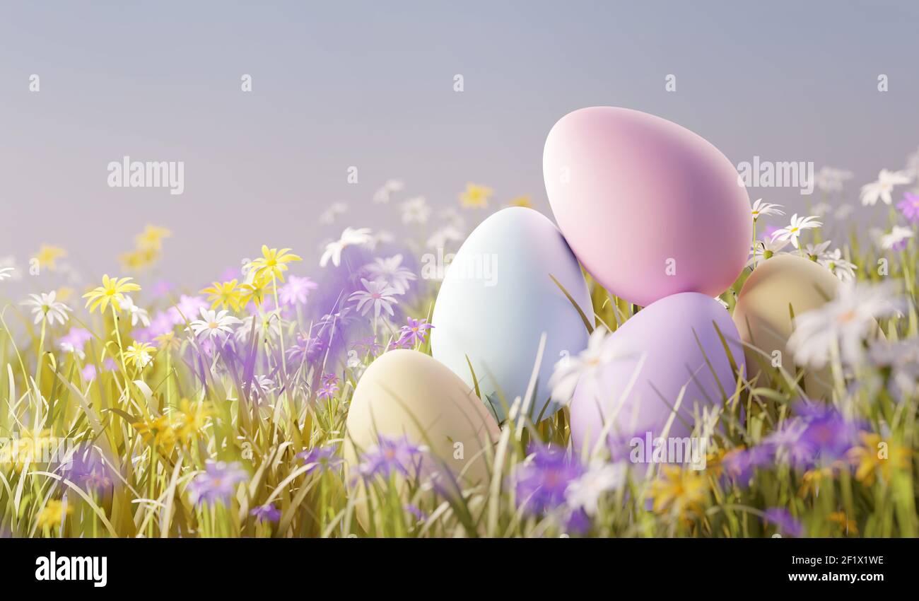 Pastell-ostereier auf einer mit wilden Blumen gefüllten Wiese. Abbildung Frühjahr 3D Stockfoto