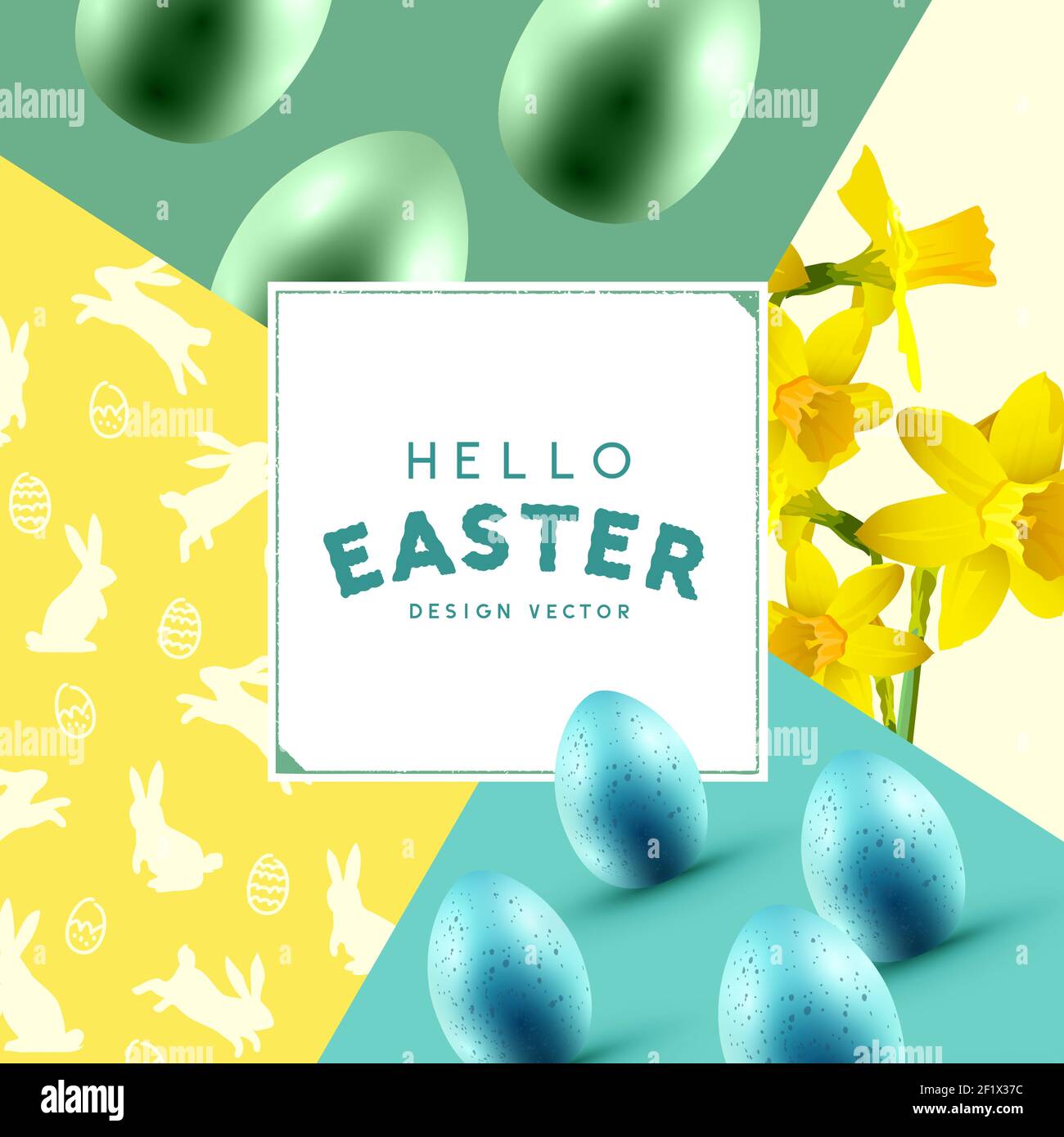 Hallo Ostern Hintergrund Feier Layout mit ostereiern, Narzissen Blumen und Kaninchen Silhouetten. Vektorgrafik Stock Vektor