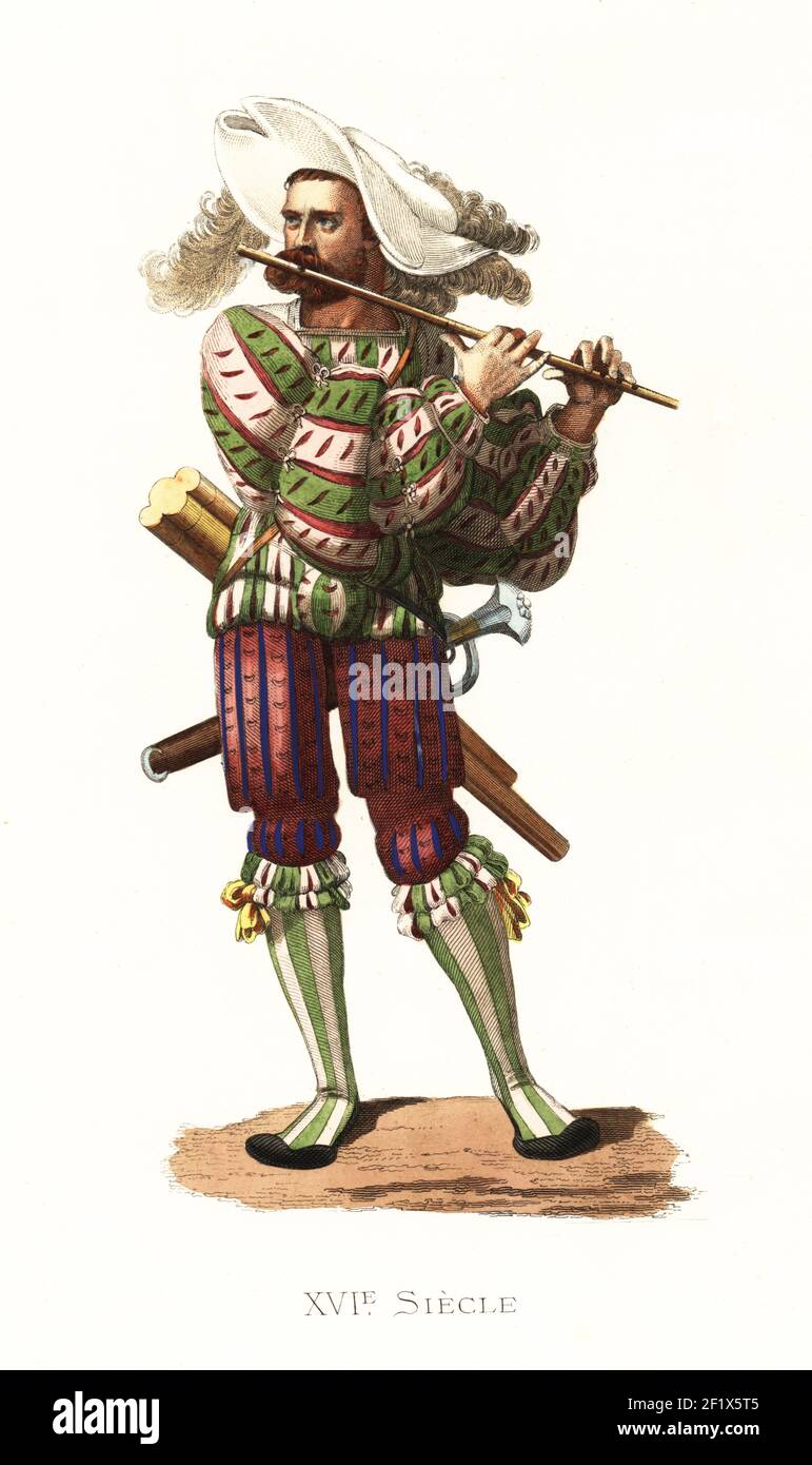 Deutsche fifer, 16th Jahrhundert. In versenkter Mütze, rot-grünes Doppelstück mit aufgeschlammten Puffärmeln, Codpiece, gestreiften Culottes und Schlauch. Fifre, Kostüm Allemand. Nach einem Druck von Hans Guldenmundt. Handkolorierte Lithographie nach einer Illustration von Edmond Lechevallier-Chevignard aus Georges Duplessis Costumes historiques des XVIe, XVIIe et XVIIIe siecles (Historische Kostüme des 16th., 17th. Und 18th. Jahrhunderts), Paris, 1867. Edmond Lechevallier-Chevignard war Künstler, Buchmaler und Innenarchitekt. Stockfoto