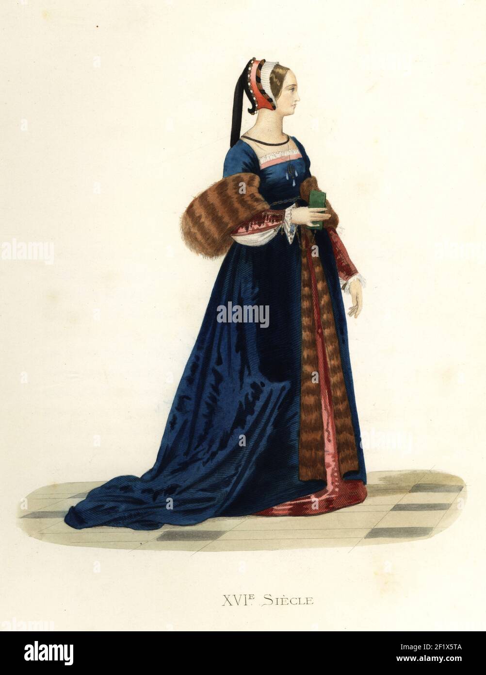 Höfling von König Francis I. Sie trägt eine mehrfarbige Chaperon Kapuze, Fell gefüttert Kleid mit quadratischen Schnitt Mieder über einem roten Seidengewand. Dame de la Cour de Francois I. nach einem Gemälde über Pergament in der Sammlung de Gaignieres im Cabinet des Estampes, Paris. Handkolorierte Lithographie nach einer Illustration von Edmond Lechevallier-Chevignard aus Georges Duplessis Costumes historiques des XVIe, XVIIe et XVIIIe siecles (Historische Kostüme des 16th., 17th. Und 18th. Jahrhunderts), Paris, 1867. Edmond Lechevallier-Chevignard war Künstler, Buchmaler und Innenarchitekt. Stockfoto