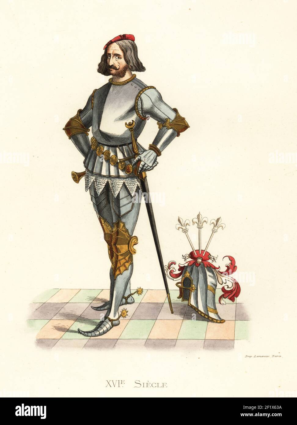 Patrizier von Nürnberg aus der Familie Stroemer, 16th. Jahrhundert. Im Anzug der Platte Rüstung, mit Stulpen, Schwert, Sporen, Gold Schwertgürtel, Und großes Ruder auf dem Boden. Aus einer Serie von Patriciens de Nuremberg, 1617, von G. Schneider in Gold lackiert und veredelt. Patrician de Nürnberg. Handkolorierte Lithographie nach einer Illustration von Edmond Lechevallier-Chevignard aus Georges Duplessis Costumes historiques des XVIe, XVIIe et XVIIIe siecles (Historische Kostüme des 16th., 17th. Und 18th. Jahrhunderts), Paris, 1867. Edmond Lechevallier-Chevignard war Künstler, Buchmaler und Innenarchitekt. Stockfoto