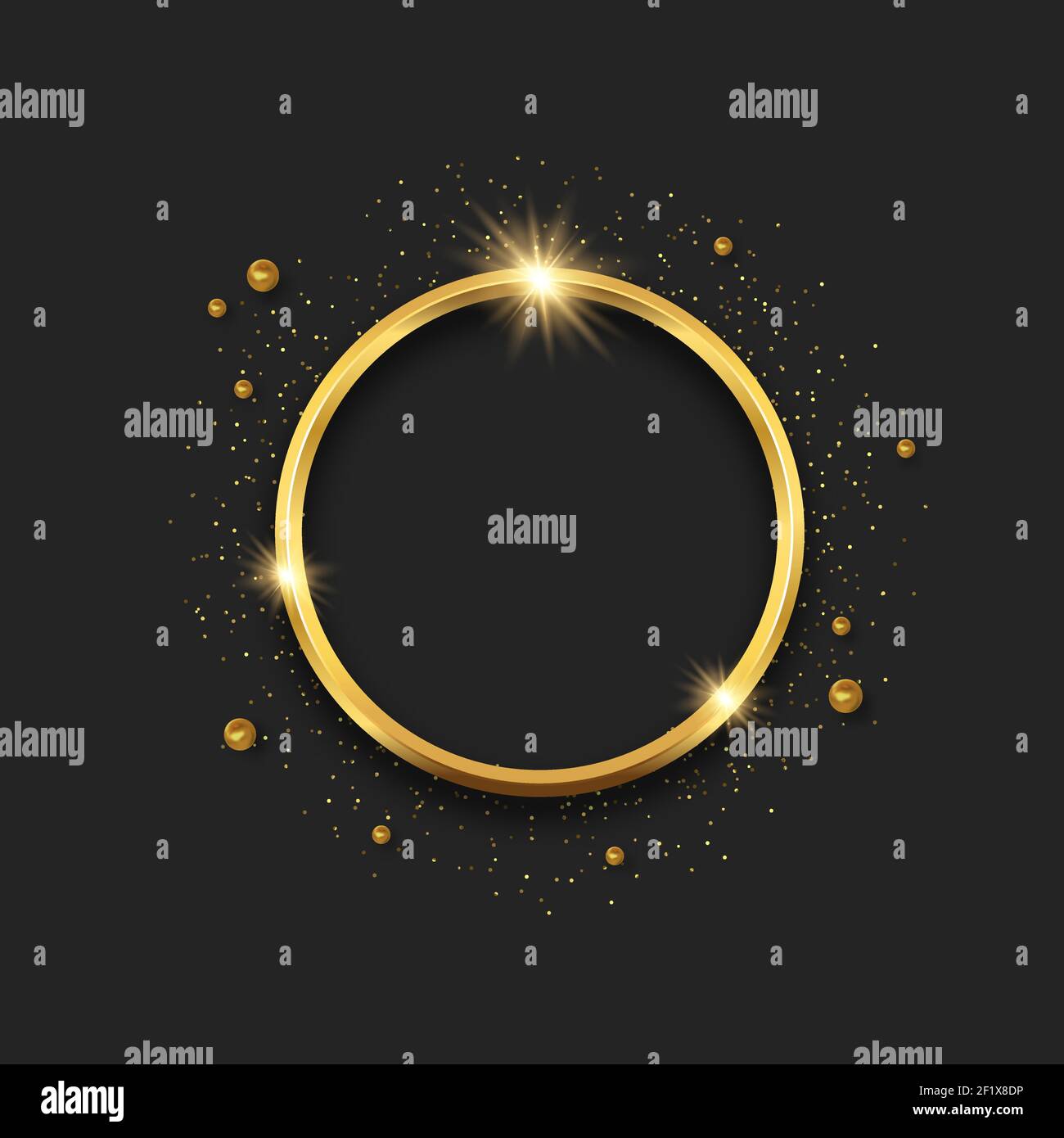 Realistischer Goldrahmen 3D auf isoliertem schwarzem Hintergrund mit goldenem Glitzerstaub und Luxusperlen. Leerer metallischer runder Rand, kopiere Raum templa Stock Vektor