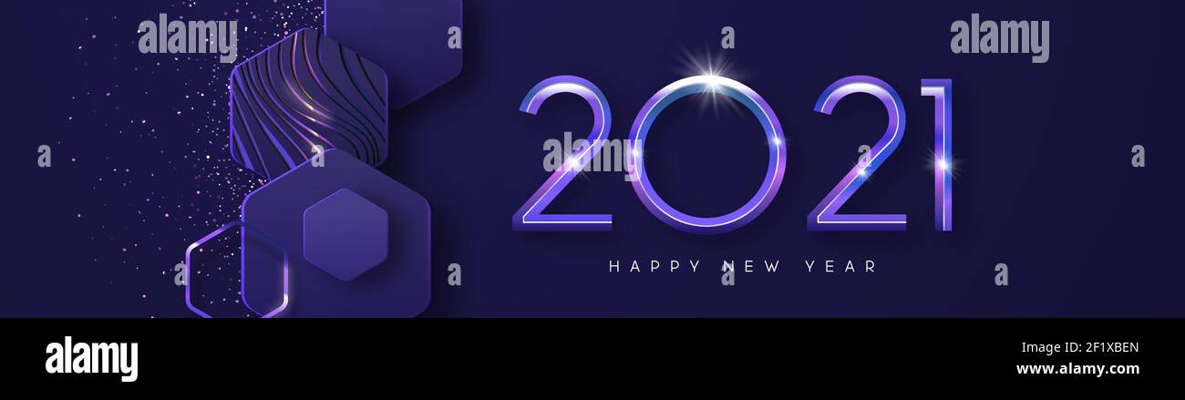 Frohes neues Jahr 2021 futuristische Web-Banner Illustration. Modernes 3D geometrisches Formdesign mit violettem Glitzer und diamantfarbenem Kalenderzeichen. Stock Vektor