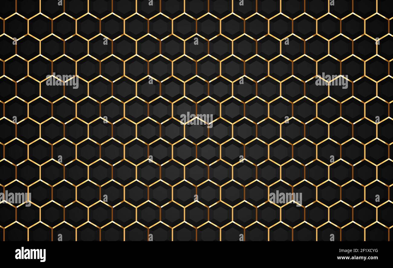 Gold und schwarz Luxus 3D Hintergrund Illustration, geometrische Hexagon-Form Hintergrund. Leere Wabenraster Textur, modernes goldenes VIP futuristisches Design. Stock Vektor