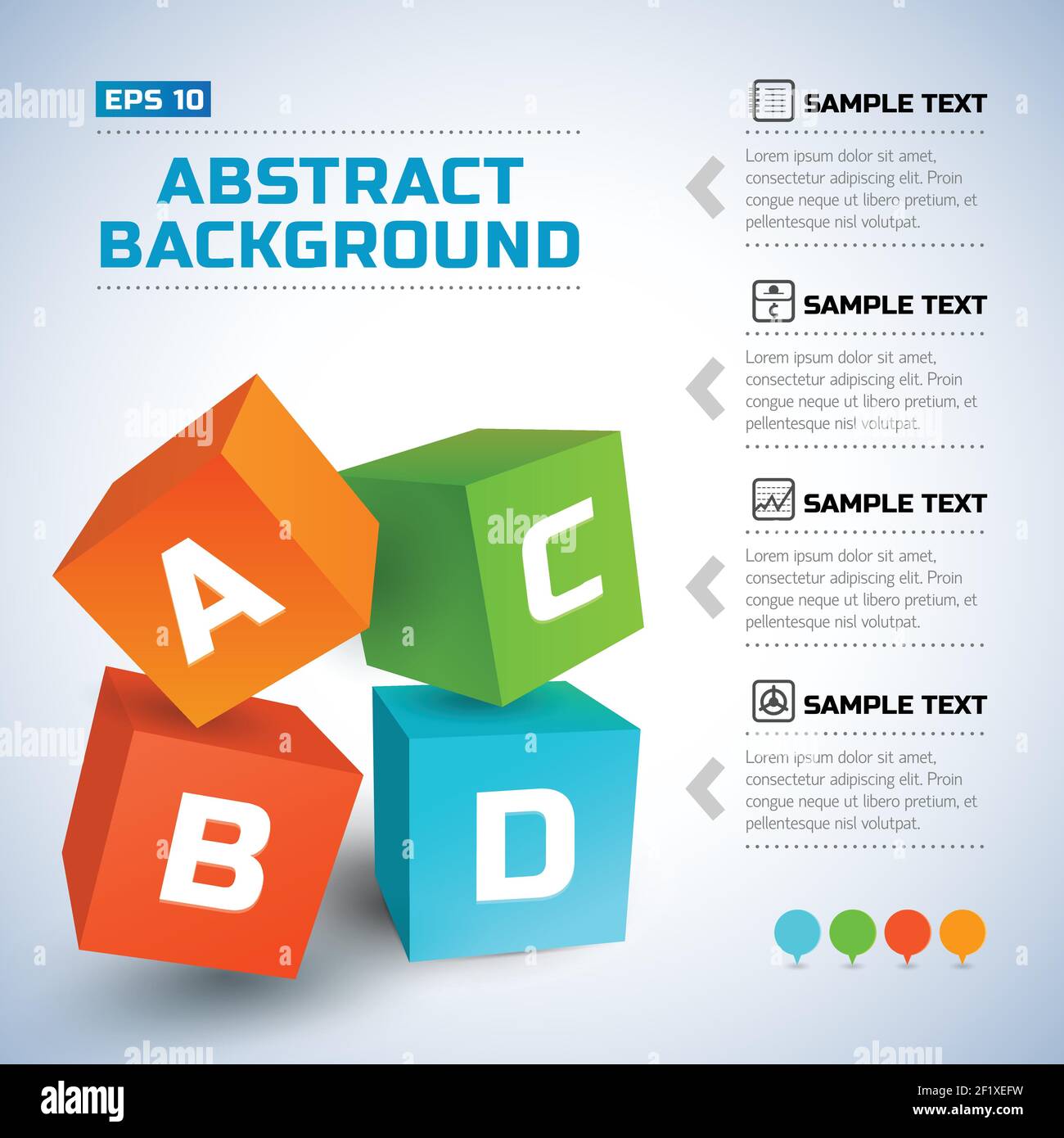 Abstrakte geometrische Infografiken mit bunten 3D Würfel Text-Icons und Vier Optionen für Vektordarstellung mit hellem Hintergrund Stock Vektor