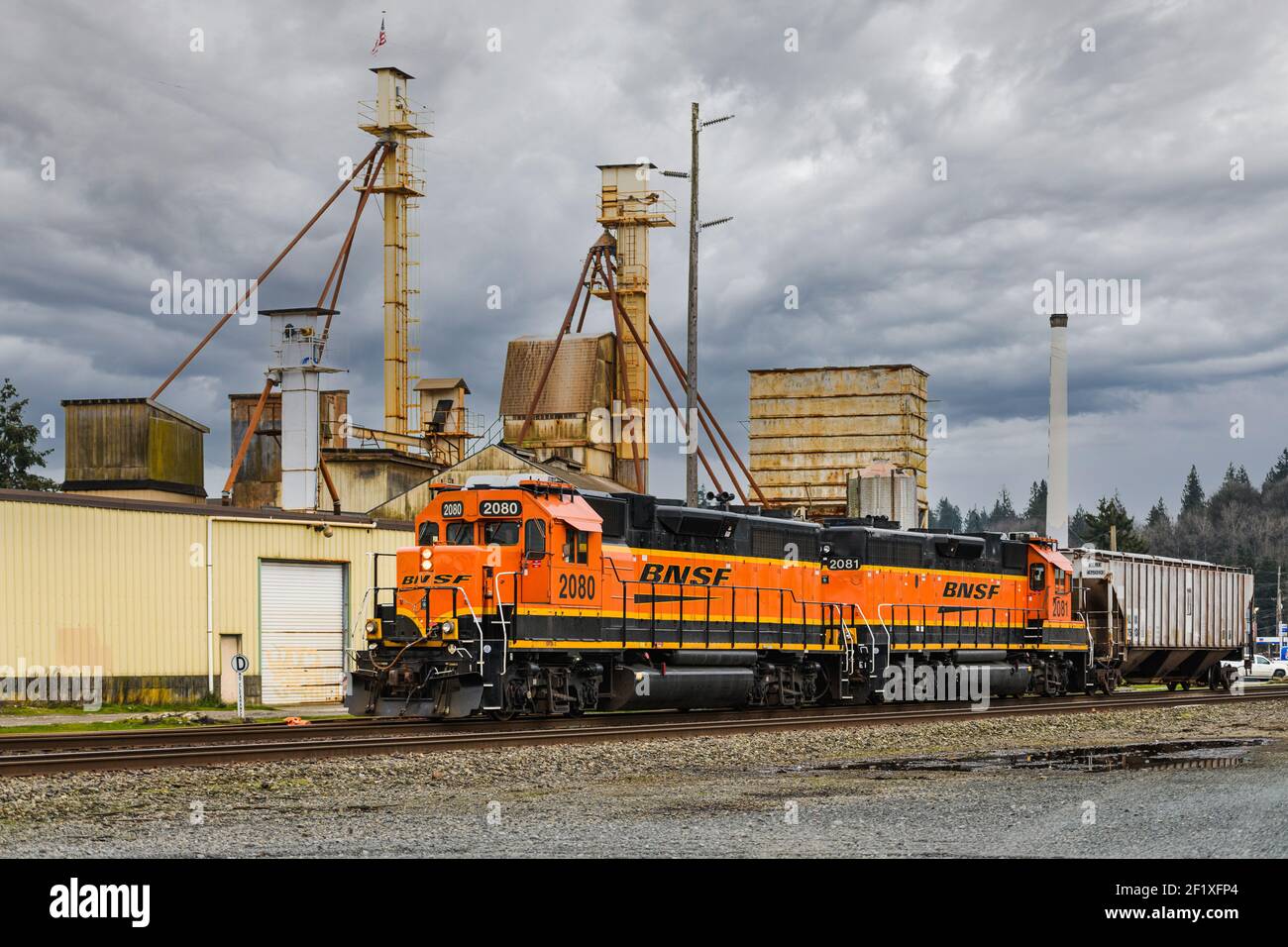 BNSF-Lokomotiven im Werk im Staat Monroe Washington unter launischer Stimmung Winterhimmel Stockfoto