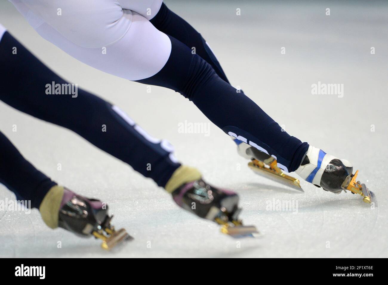 Illustration der Skater während der Kurzstrecken-Qualifikation der Herren 1500m der XXII. Olympischen Winterspiele Sotchi 2014, im Sportpalast von Iceberg, am 10. Februar 2014 in Sotschi, Russland. Fotopool KMSP / DPPI Stockfoto