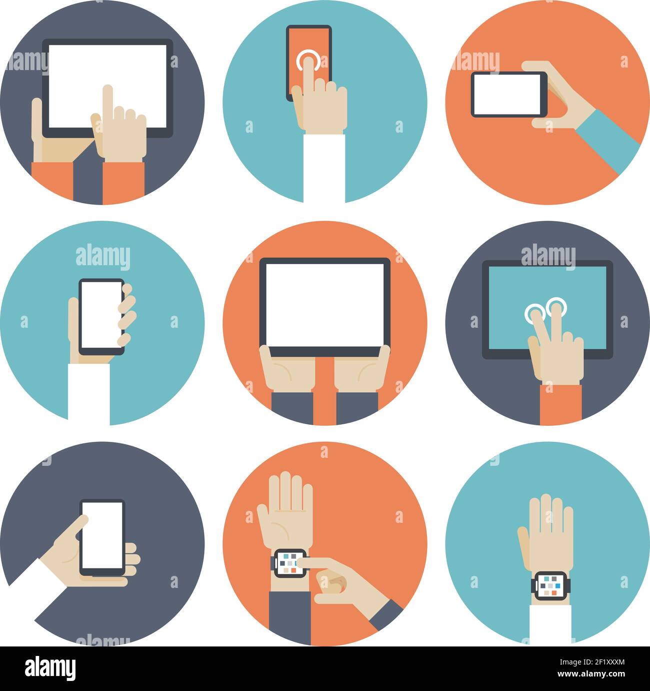 Geräte in der Hand, über Touchscreen. Smart Watch, eBook und Monitor, Touchpad und Gadget, Smartphone und Tablet. Vektorgrafik Stock Vektor