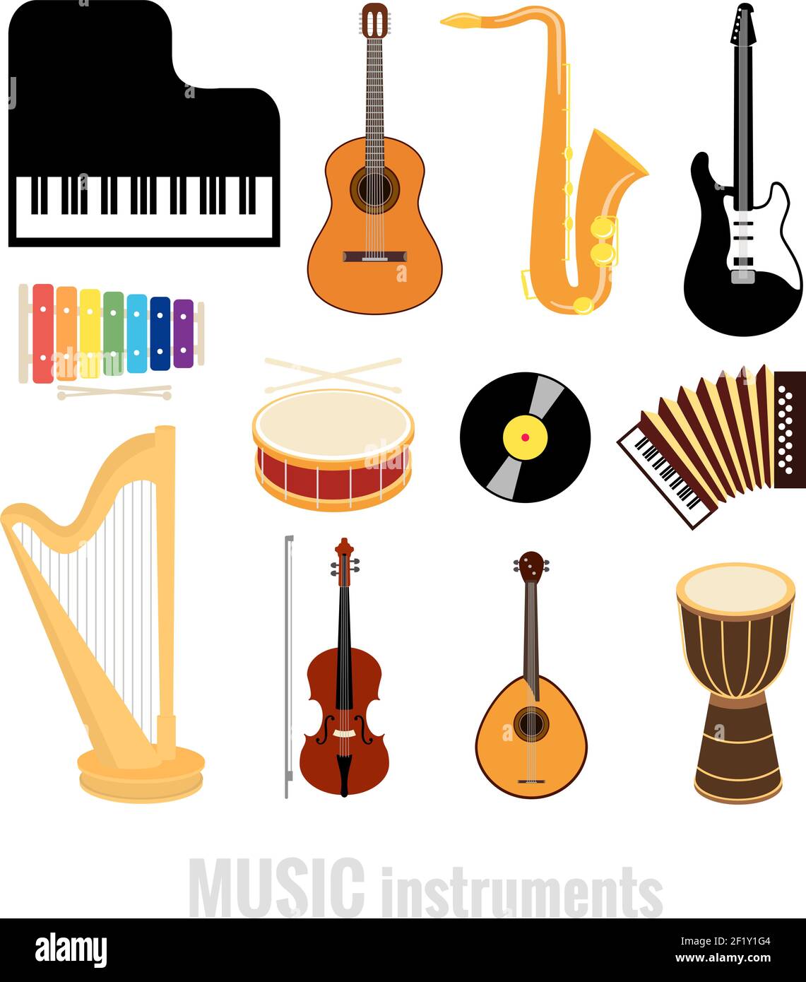vektor Musikinstrumente flache Symbole auf weißem Hintergrund isoliert Stock Vektor