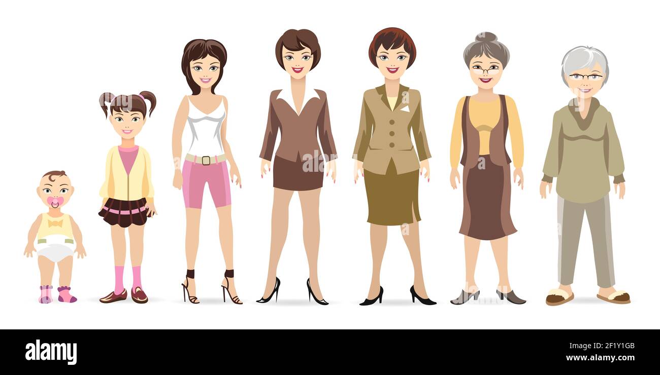 Frauengenerationen. Frau in verschiedenen Altersgruppen, Baby, Kind, Frau und ältere Menschen. Vektorgrafik Stock Vektor