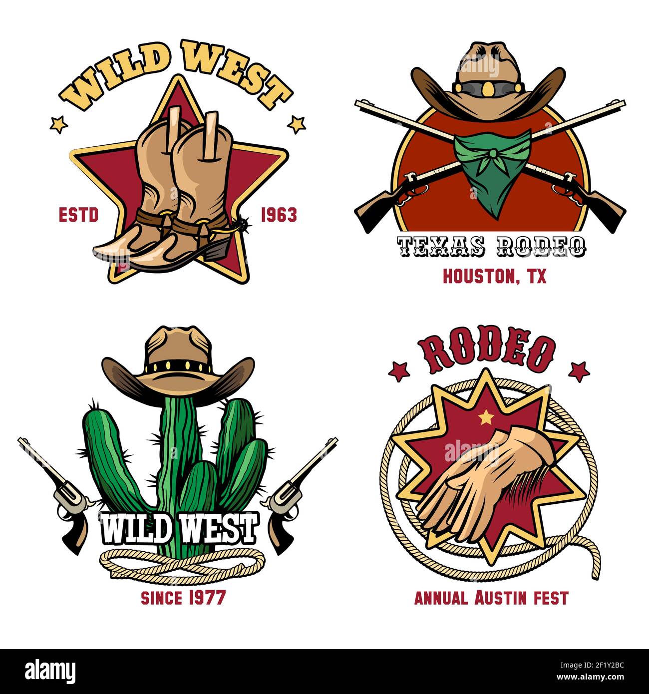 Retro Cowboy Rodeo Emblem Set. Hut und amerikanisches Abzeichen Western. Vektorgrafik Stock Vektor