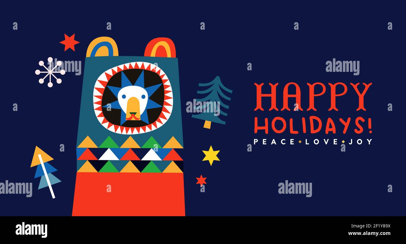 Happy Holiday Grußkarte Illustration, vintage skandinavischen Kunst Stil Bär mit niedlichen nordischen Dekoration und weihnachten Kiefer Ornament. Frieden, Ruhe Stock Vektor