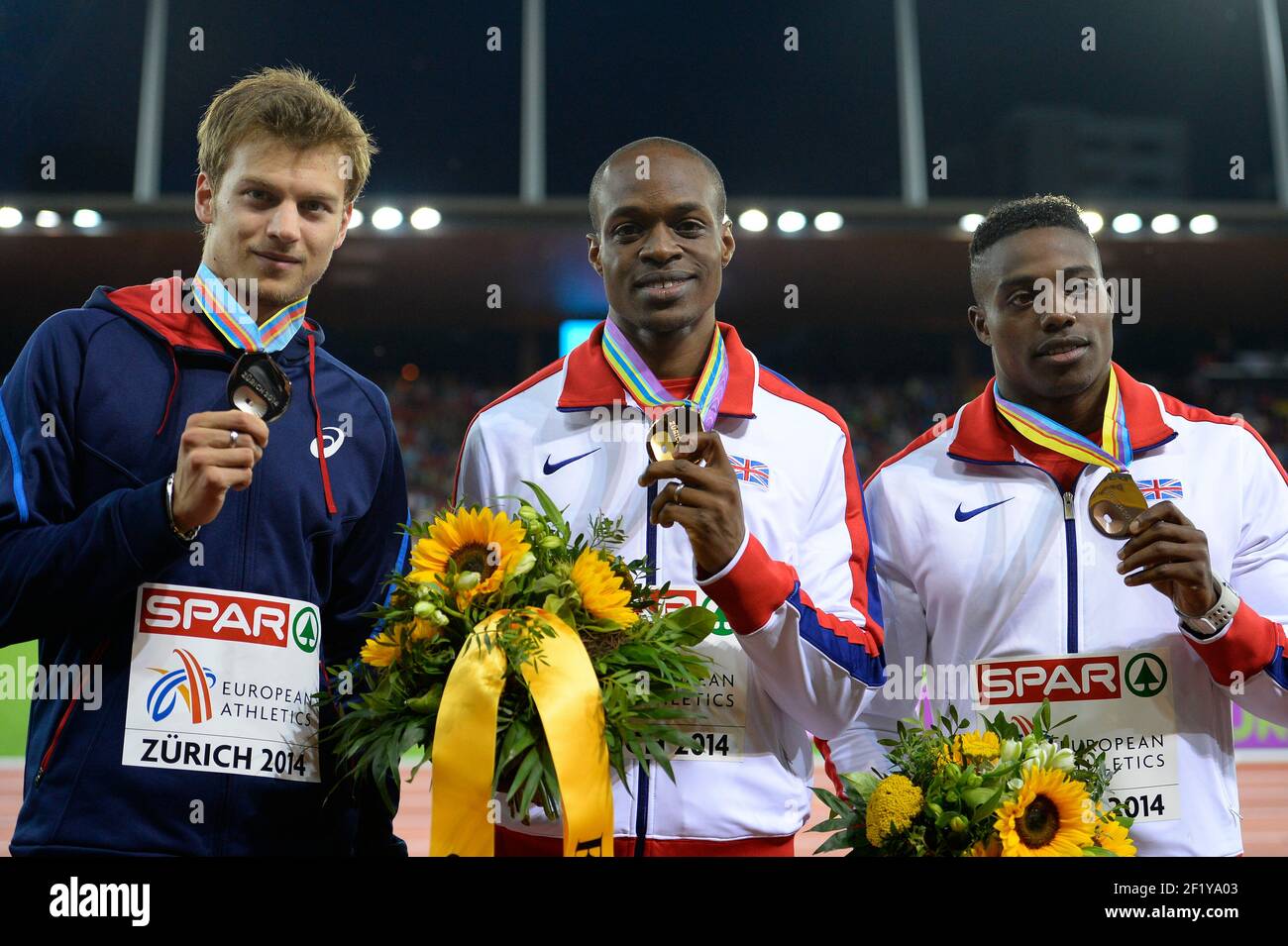 100m Herrenfinale - James Dasaolu (GBR) / Goldmedaille - Christophe Lemaitre (FRA) / Silbermedaille - Harry Aikines-Aryeetey (GBR) / Bronzemedaille am dritten Tag der Leichtathletik-Europameisterschaften 2014 im Letzigrund-Stadion in Zürich, Schweiz, vom 12.-17. August 2014. Foto Julien Crosnier / KMSP / DPPI Stockfoto