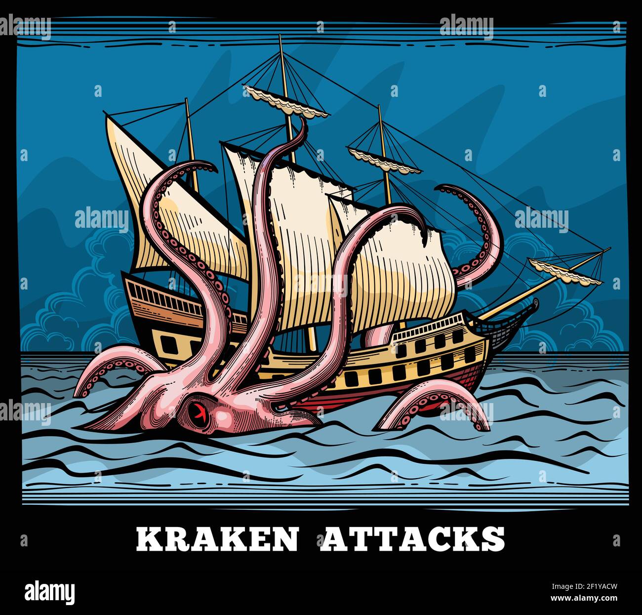 Segelschiff und Kraken Monster Oktopus Vektor-Logo in Cartoon-Stil. Tintenfisch mit Tentakel Mythos, Abenteuer Reise Illustration Stock Vektor