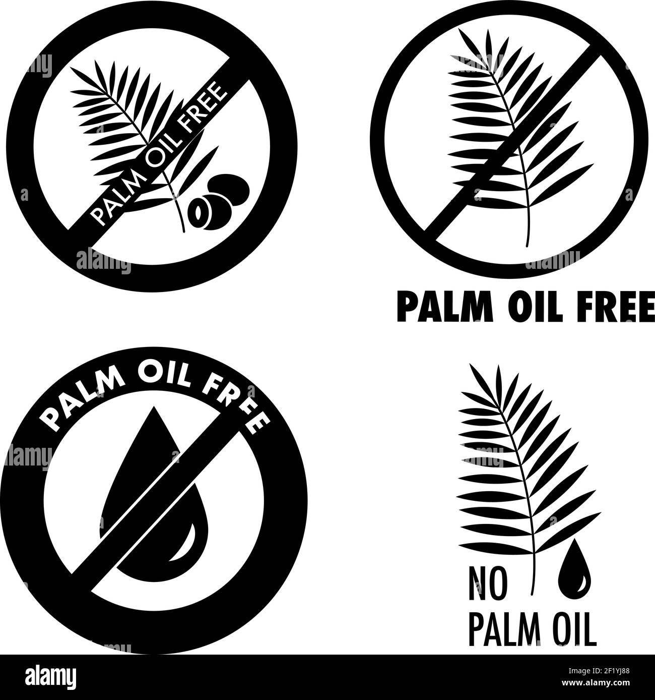 Palmöl frei, keine Palmöl-Symbole. Schwarze und weiße Logo-Etiketten isoliert auf weißem Hintergrund. Vektorgrafik. Stock Vektor